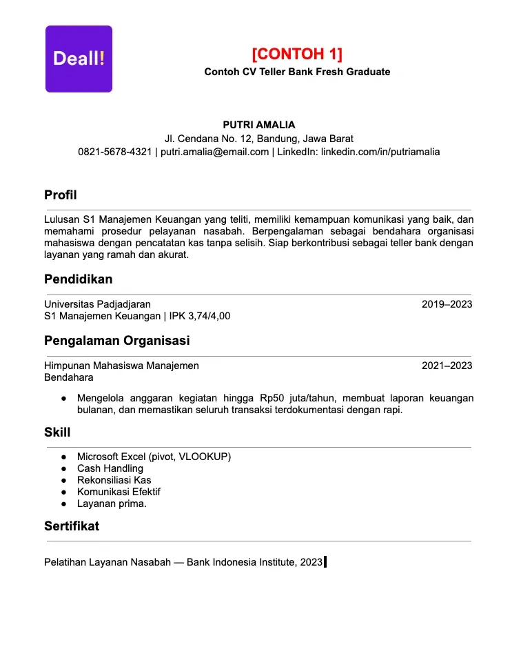 1. Contoh CV Teller Bank Fresh Graduate.webp