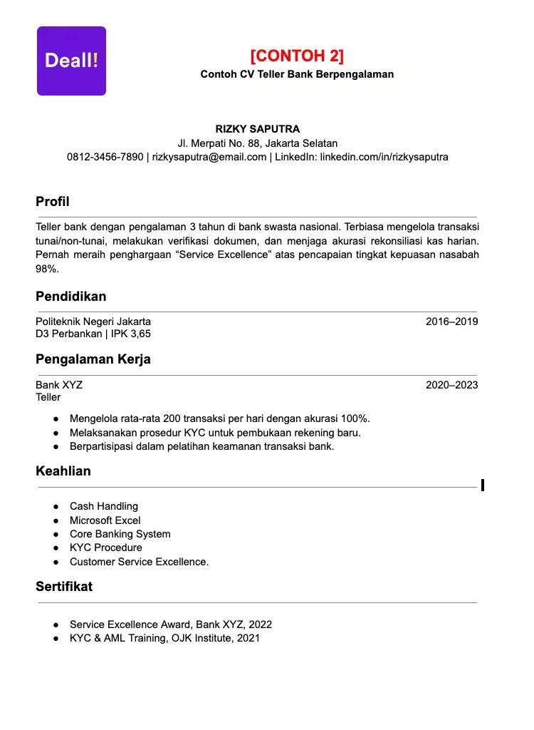 2. Contoh CV Teller Bank Berpengalaman.webp