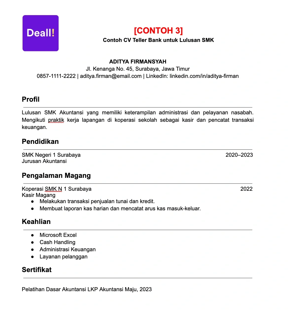 3. Contoh CV Teller Bank untuk Lulusan SMK.webp