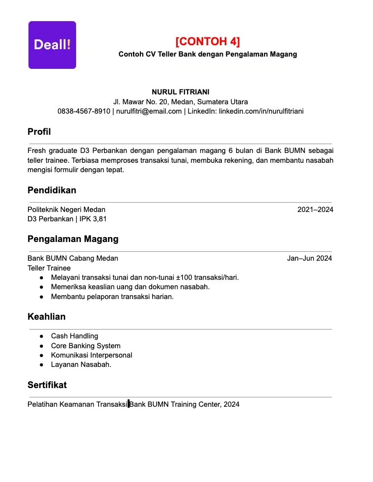 4. Contoh CV Teller Bank dengan Pengalaman Magang.webp