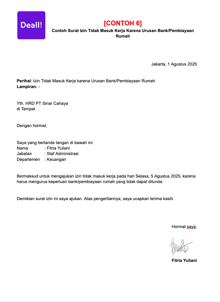 6. Contoh Surat Izin Tidak Masuk Kerja Karena Urusan Bank atau Pembiayaan Rumah.png