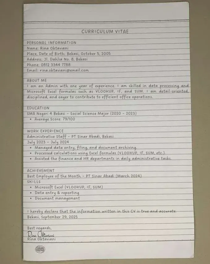Contoh CV Bahasa Inggris Tulis Tangan Admin.webp