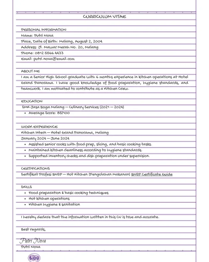 Contoh CV Bahasa Inggris Tulis Tangan Kitchen Crew.webp