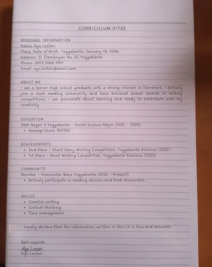 Contoh CV Bahasa Inggris Tulis Tangan Lulusan SMA.webp