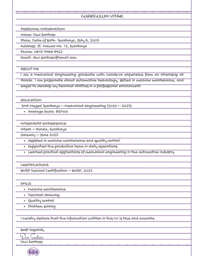 Contoh CV Bahasa Inggris Tulis Tangan Teknik Mesin.webp