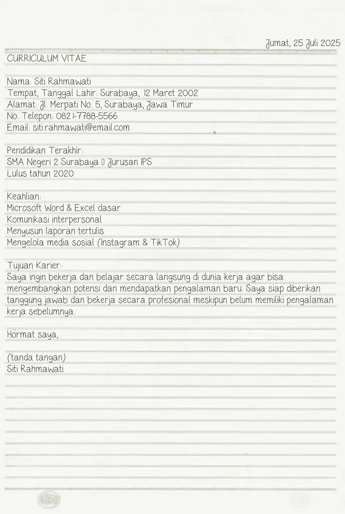 Contoh CV Fresh Graduate Tanpa Pengalaman Tulis Tangan.webp