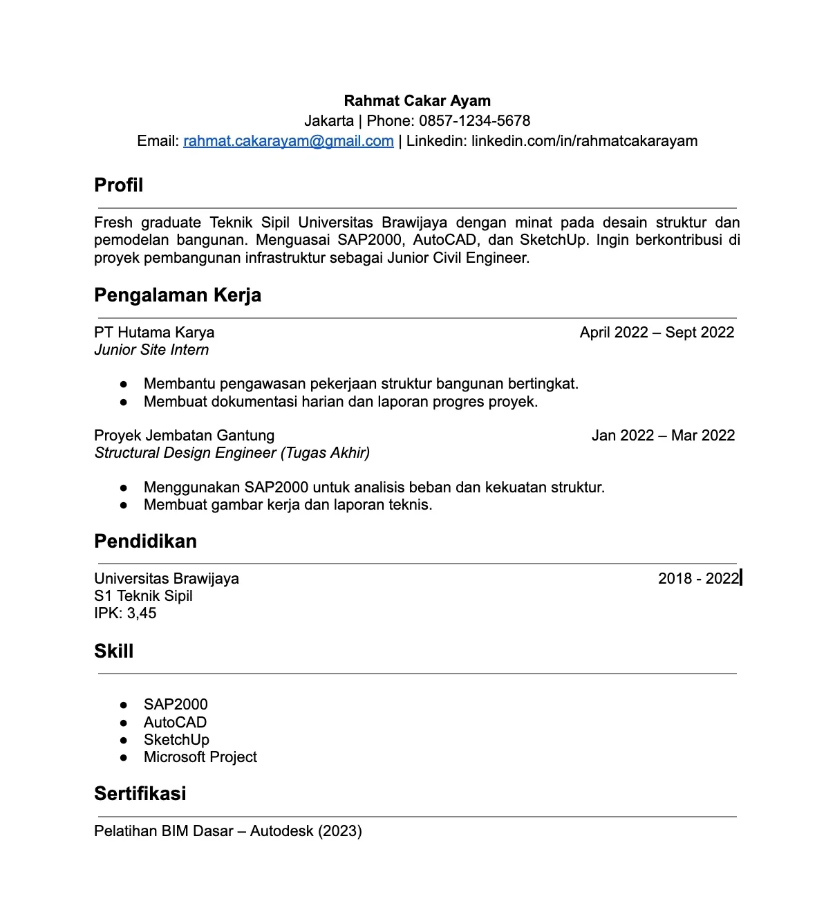 Contoh CV Fresh Graduate Teknik Sipil