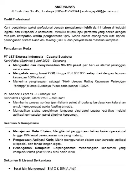 Contoh CV Kurir Paket.webp