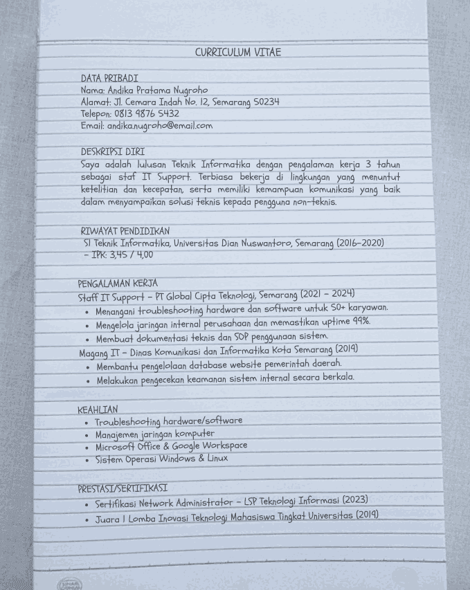 Contoh CV Lamaran Kerja Tulis Tangan