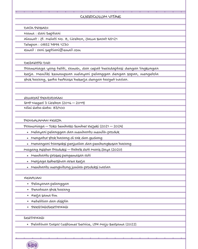 Contoh CV Simple Lulusan SMP