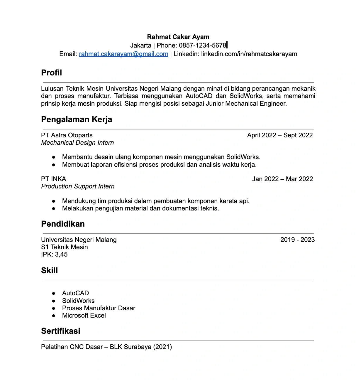 Contoh CV Teknik Mesin Sederhana