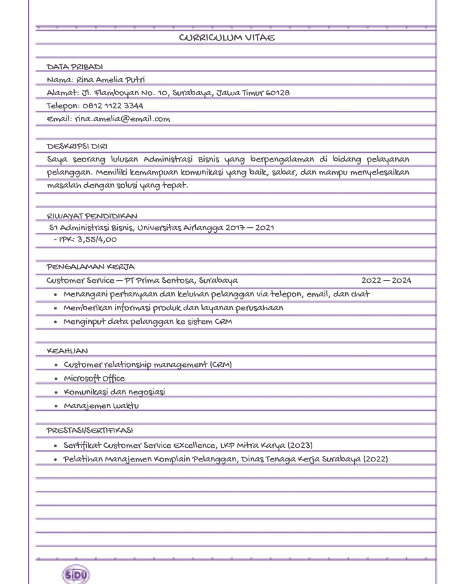 Contoh CV Tulis Tangan Admin