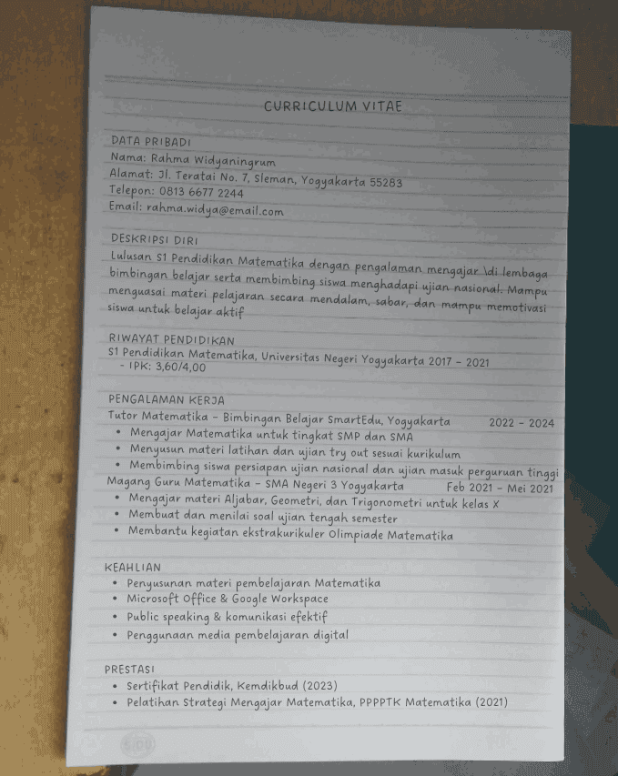 Contoh CV Tulis Tangan Bahasa Indonesia