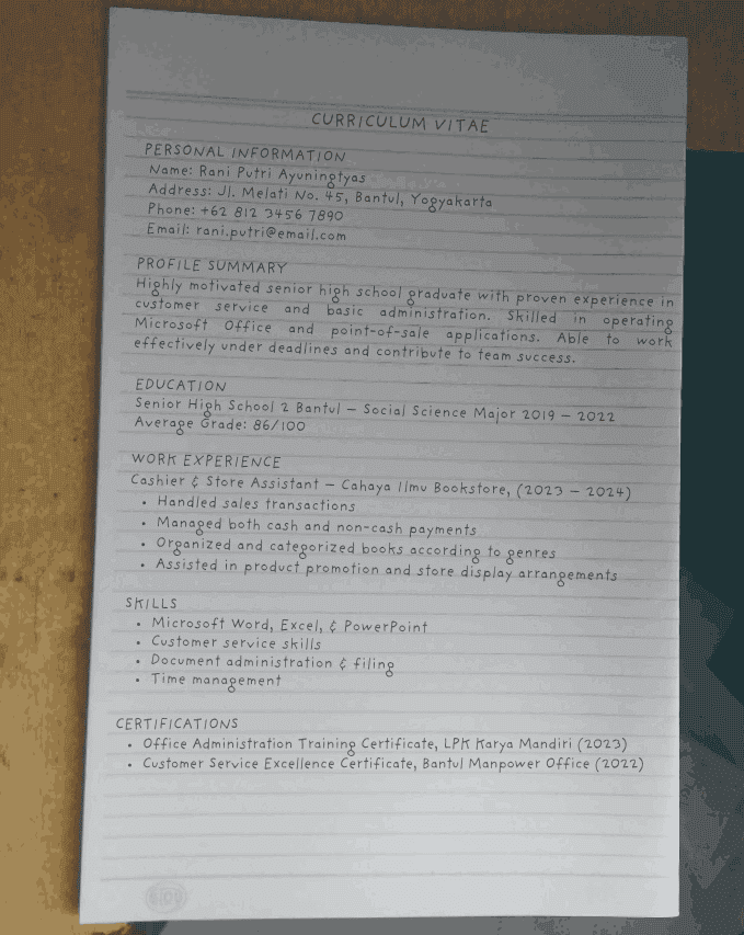 Contoh CV Tulis Tangan Bahasa Inggris
