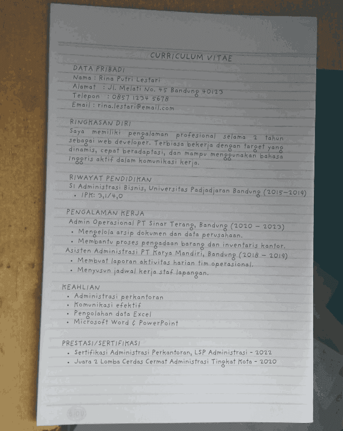 Contoh CV Tulis Tangan Formal