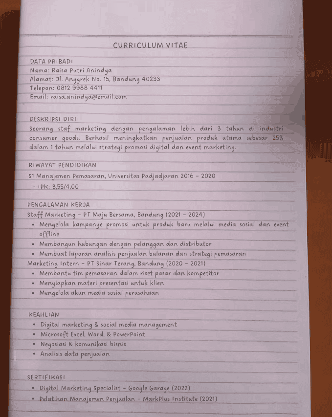 Contoh CV Tulis Tangan Kertas Folio