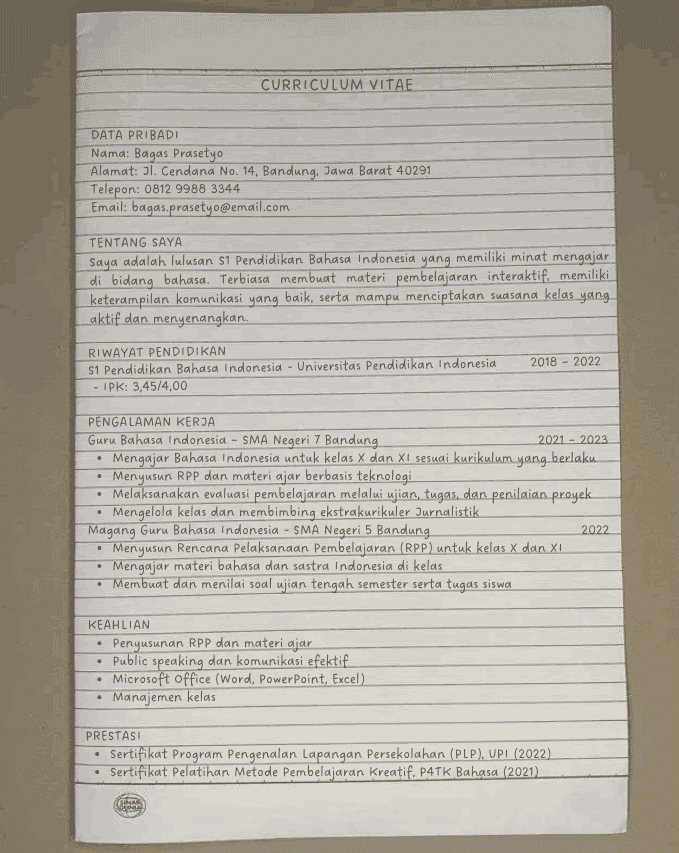 Contoh CV Tulis Tangan Lengkap