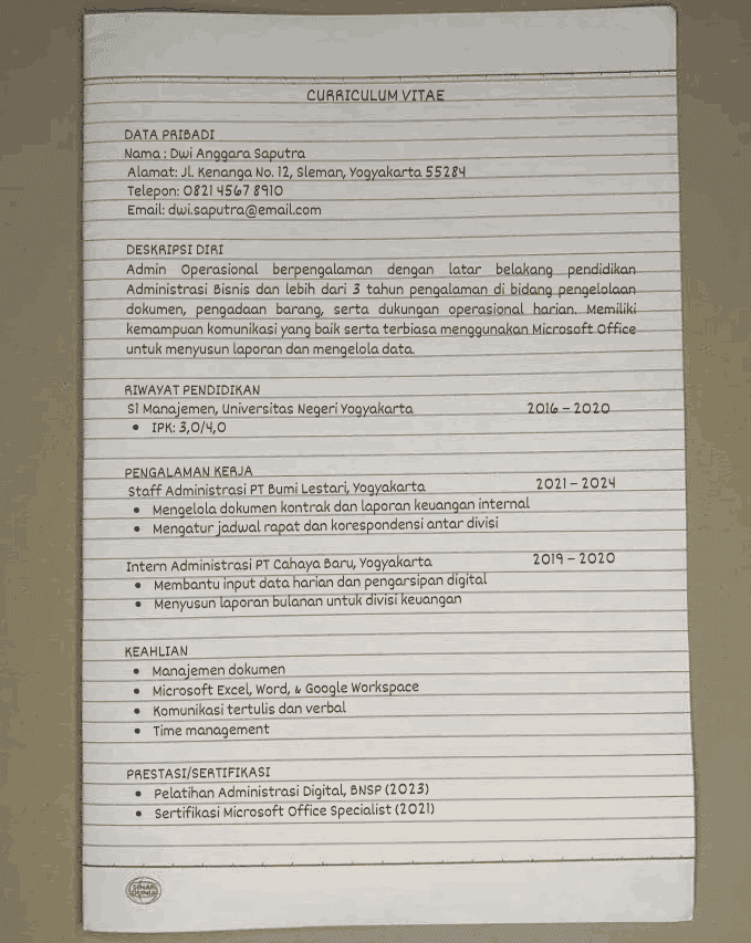 Contoh CV Tulis Tangan Lulusan S1