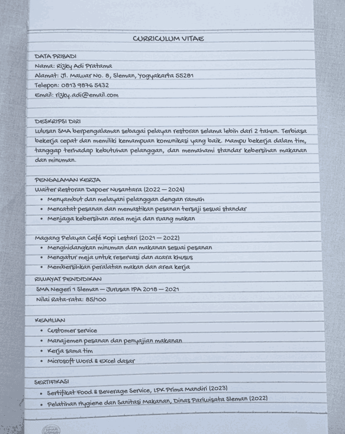 Contoh CV Tulis Tangan Lulusan SMA 