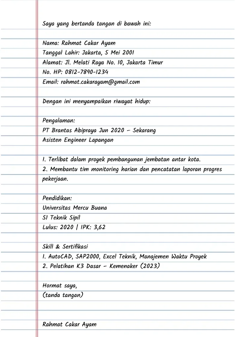 Contoh CV Tulis Tangan