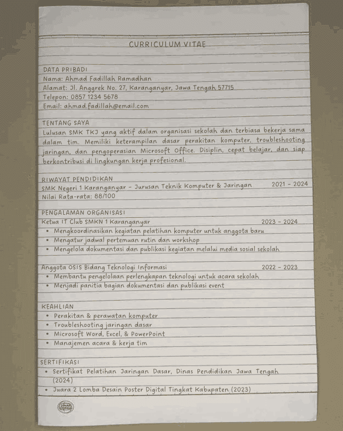 Contoh CV Tulis Tangan tanpa Pengalaman Kerja