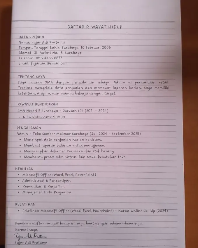 Contoh Daftar Riwayat Hidup Tulis Tangan Lulusan SMA.webp