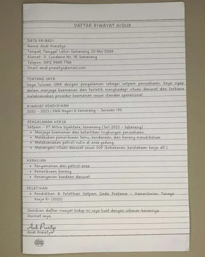 Contoh Daftar Riwayat Hidup Tulis Tangan Satpam.webp