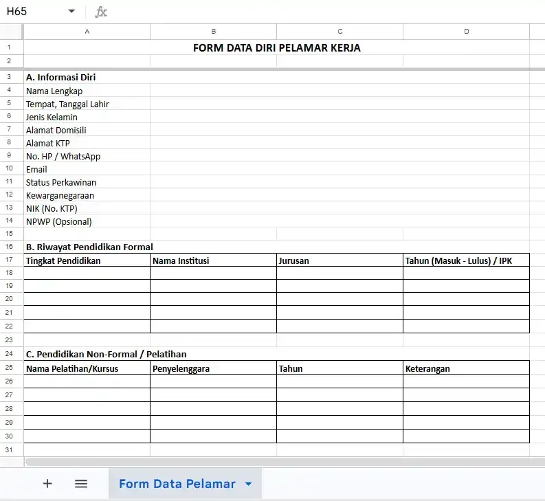 Contoh Form Data Diri Pelamar Excel.webp