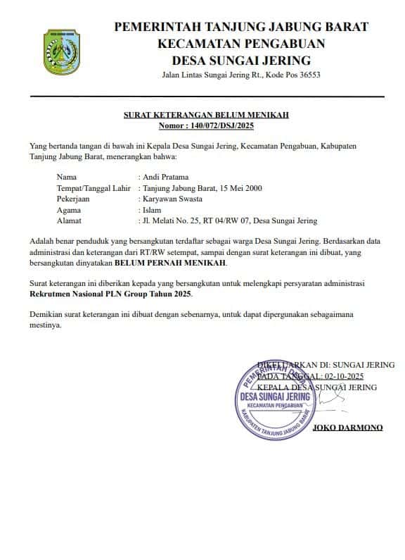 Contoh Surat Keterangan Belum Pernah Menikah untuk Rekrutmen PLN