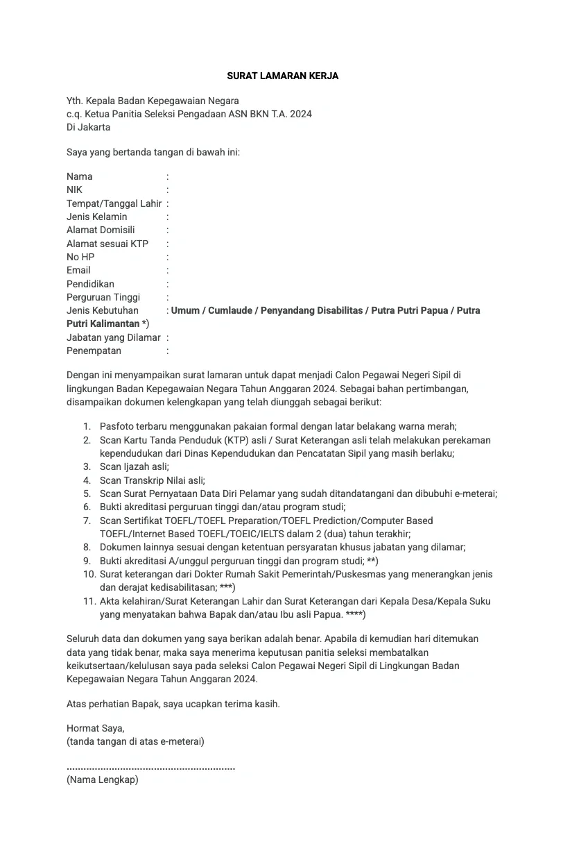Contoh Surat Lamaran Kerja CPNS