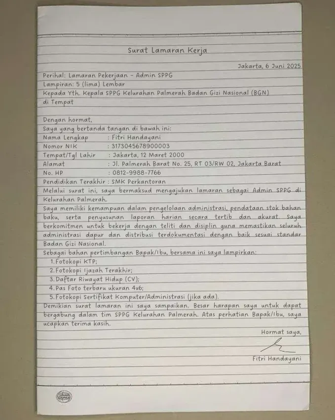 Contoh Surat Lamaran Kerja MBG Tulis Tangan untuk Posisi Admin SPPG.webp
