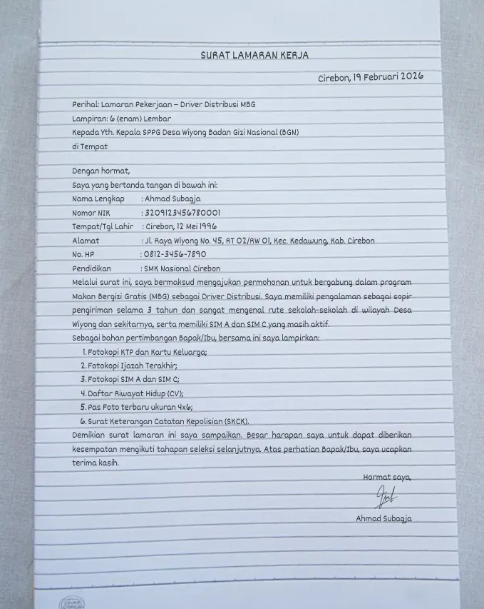 Contoh Surat Lamaran Kerja MBG Tulis Tangan untuk Posisi Driver Distribusi MBG.webp