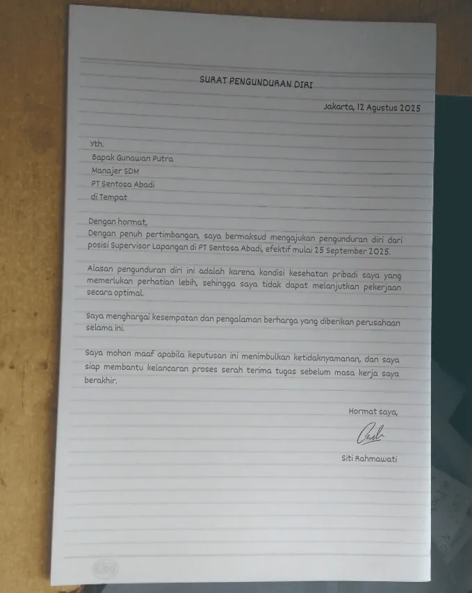Contoh Surat Pengunduran Diri Tulis Tangan Alasan Kesehatan atau Personal Mendesak 4.webp