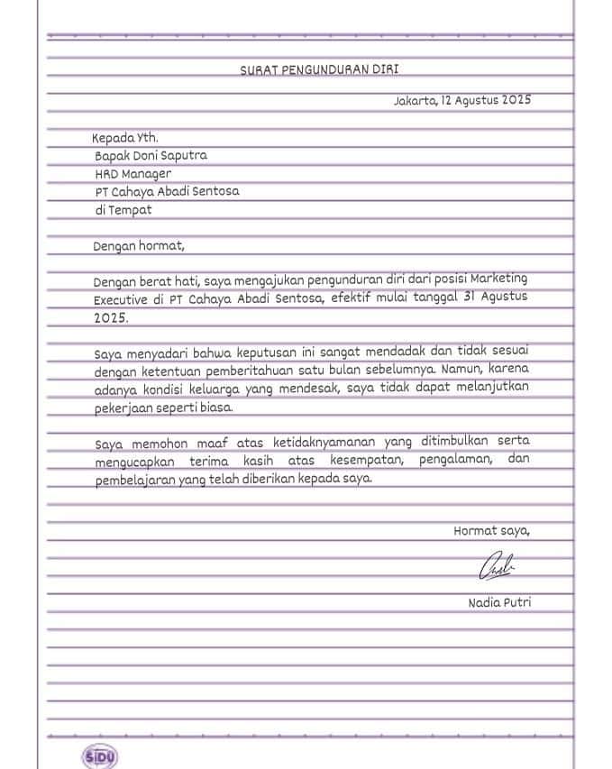 Contoh Surat Pengunduran Diri Tulis Tangan Berhenti Mendadak