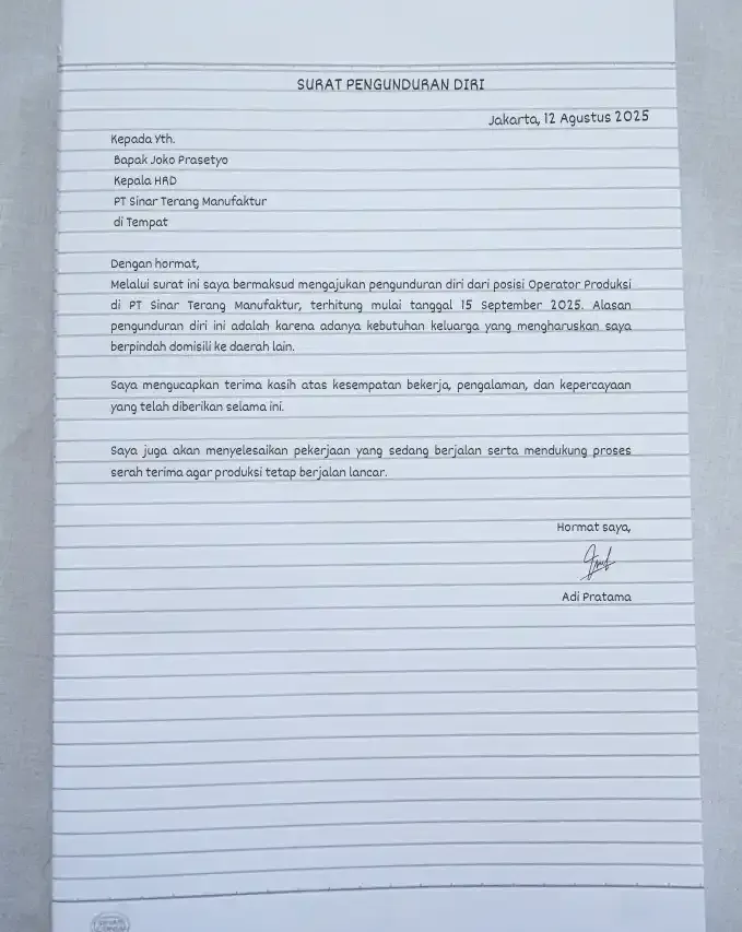 Contoh Surat Pengunduran Diri Tulis Tangan Karyawan Pabrik 2.webp
