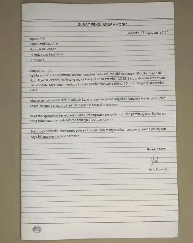 Contoh Surat Pengunduran Diri Tulis Tangan One Month Notice 1.webp