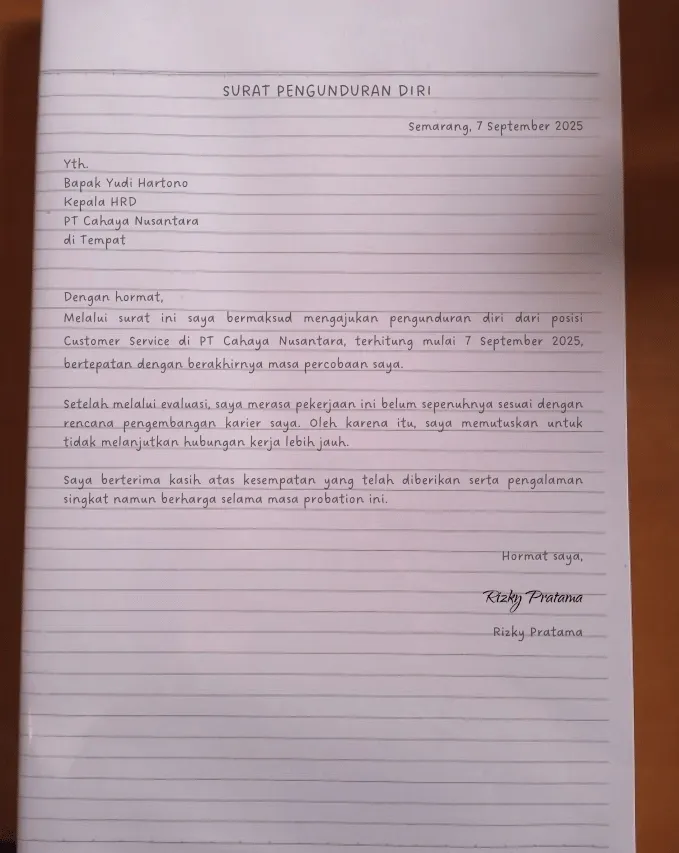 Contoh Surat Pengunduran Diri Tulis Tangan Setelah Masa Percobaan (Probation) 9.webp