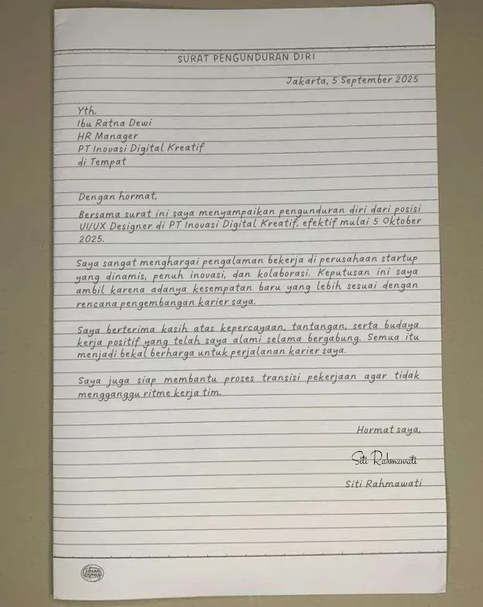 Contoh Surat Pengunduran Diri Tulis Tangan dari Perusahaan Startup 8.webp