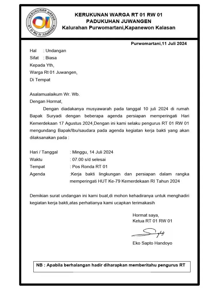 Contoh Surat Undangan Kerja Bakti 17 Agustus untuk Warga.webp