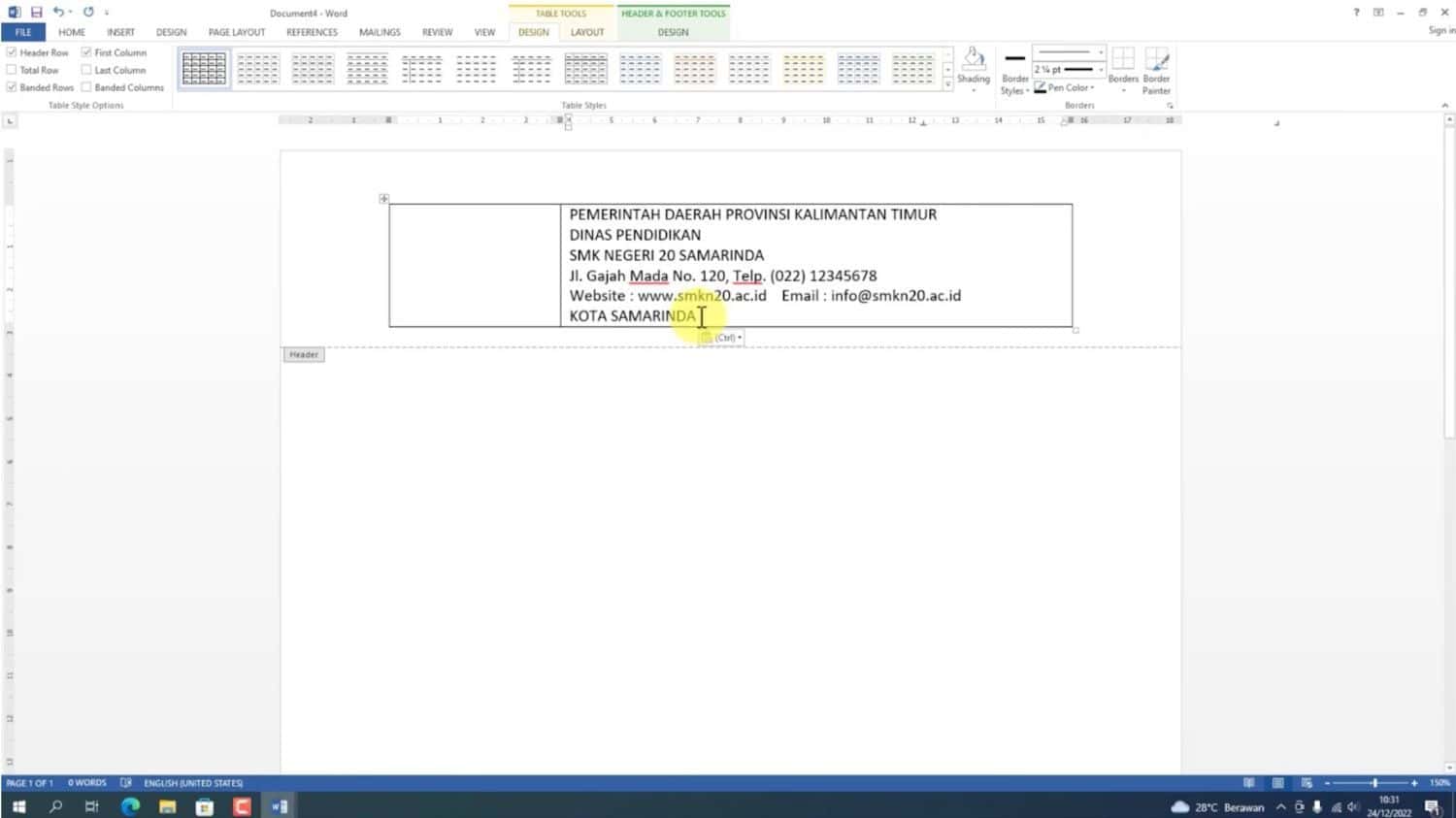 Memasukan informasi di kop surat I Sumber: Youtube (Felly Tutorial)