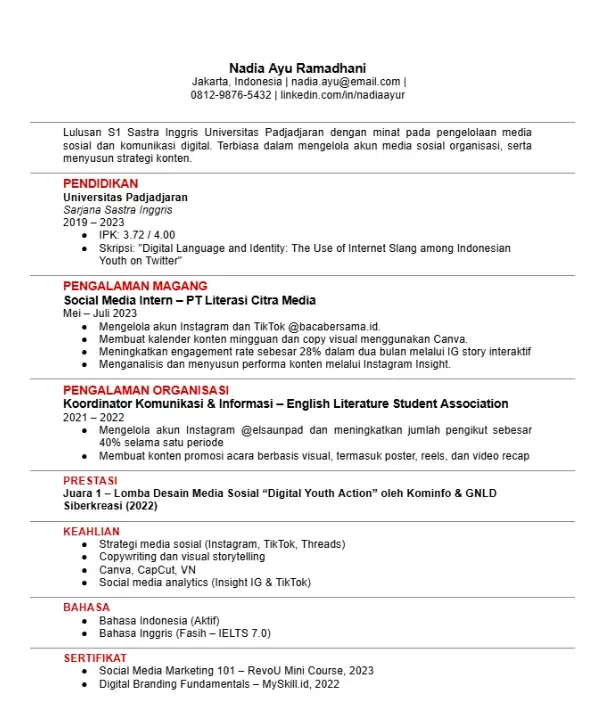 Contoh CV Fresh Graduate Word