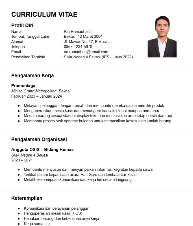 Contoh CV Simple Lulusan SMA Word