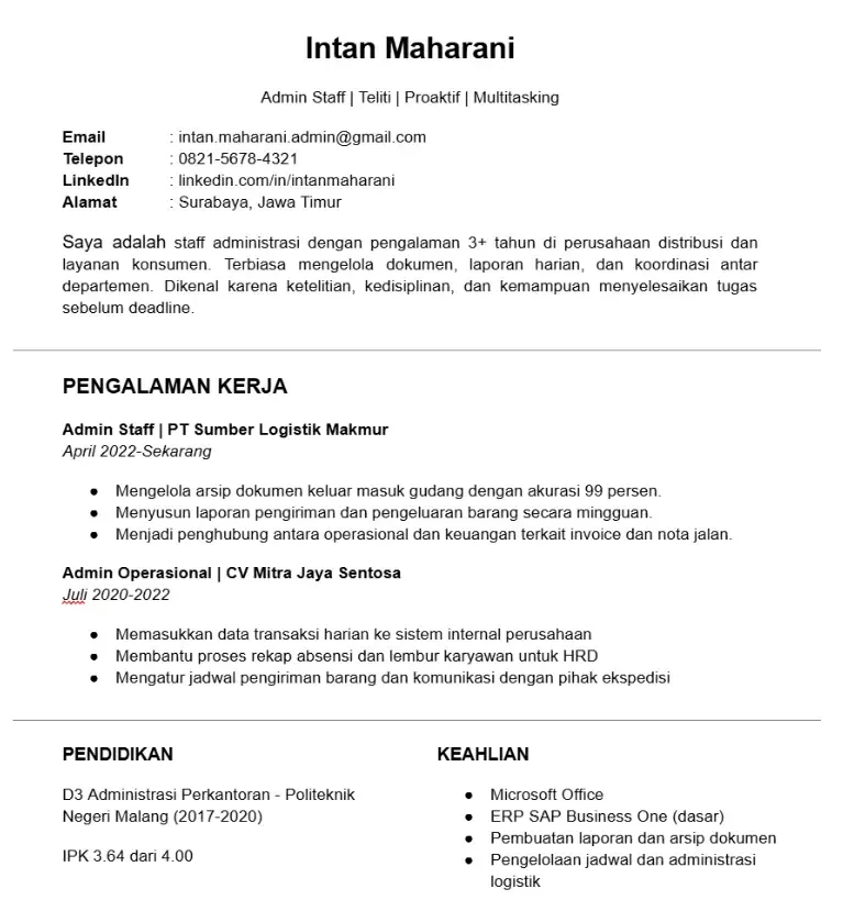 Contoh CV Admin