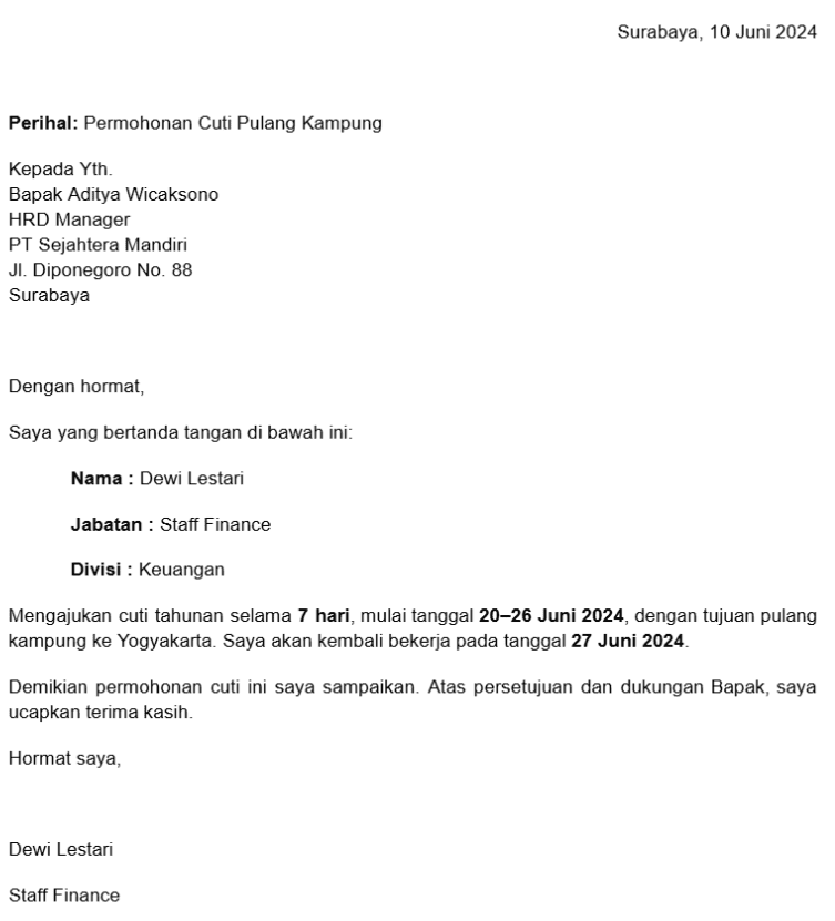 surat cuti izin pulang kampung