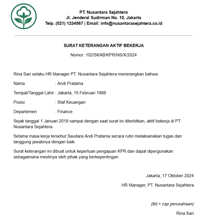 Surat Keterangan Aktif Bekerja untuk KPR.webp