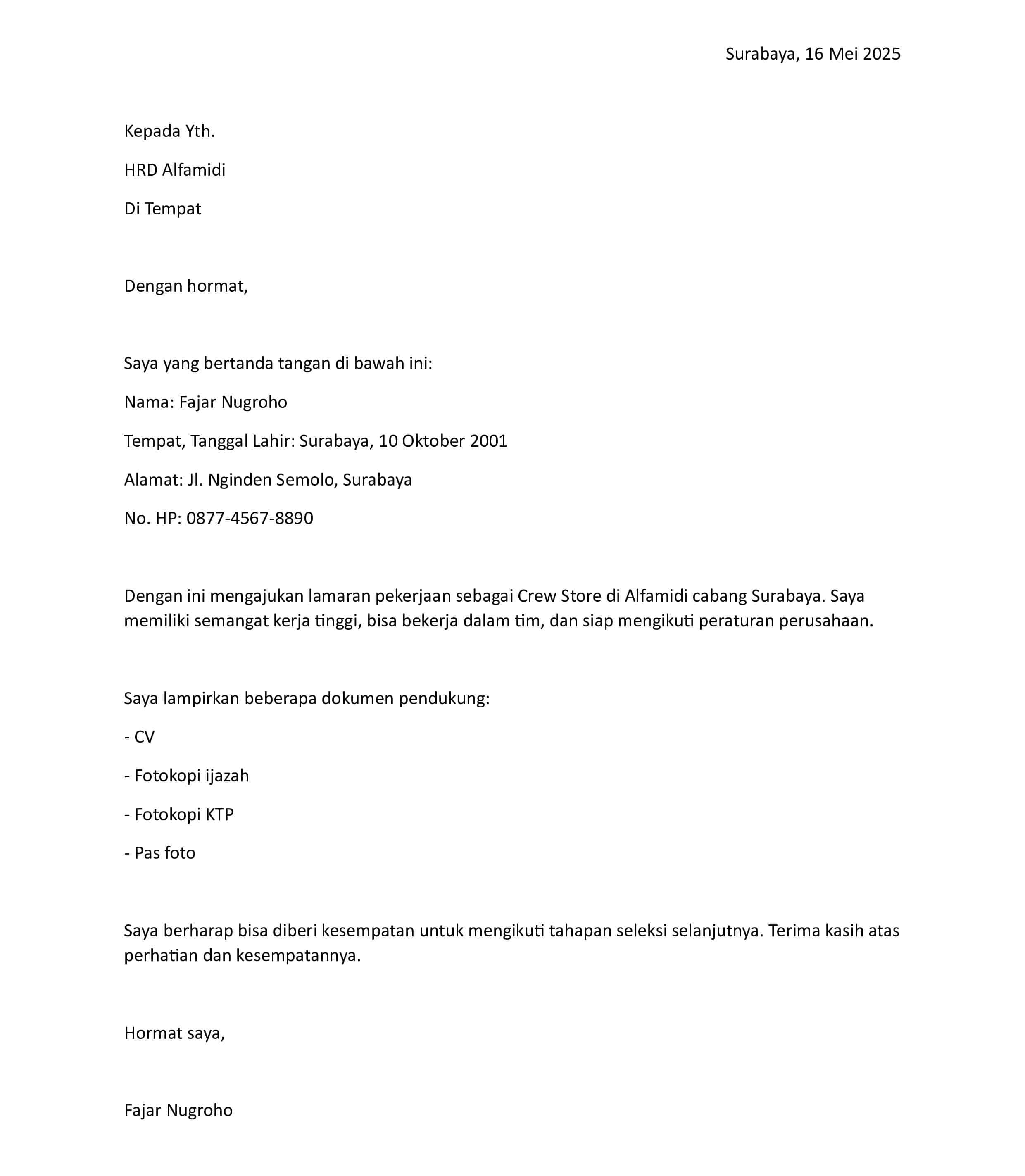 Surat Lamaran Kerja Alfamidi Sebagai Crew Store