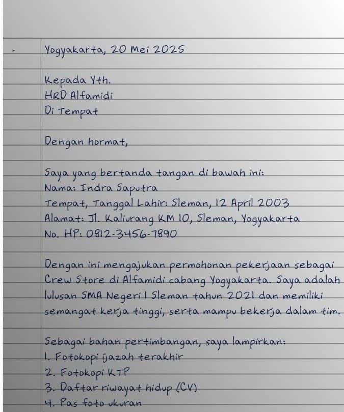 Surat Lamaran Kerja Alfamidi Tulis Tangan