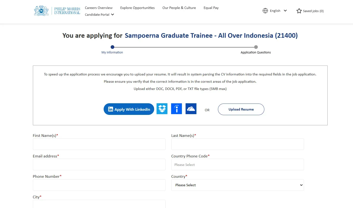 Tampilan Formulir Data Diri Sampoerna Graduate Trainee 2026  Sumber PMI Careers.webp