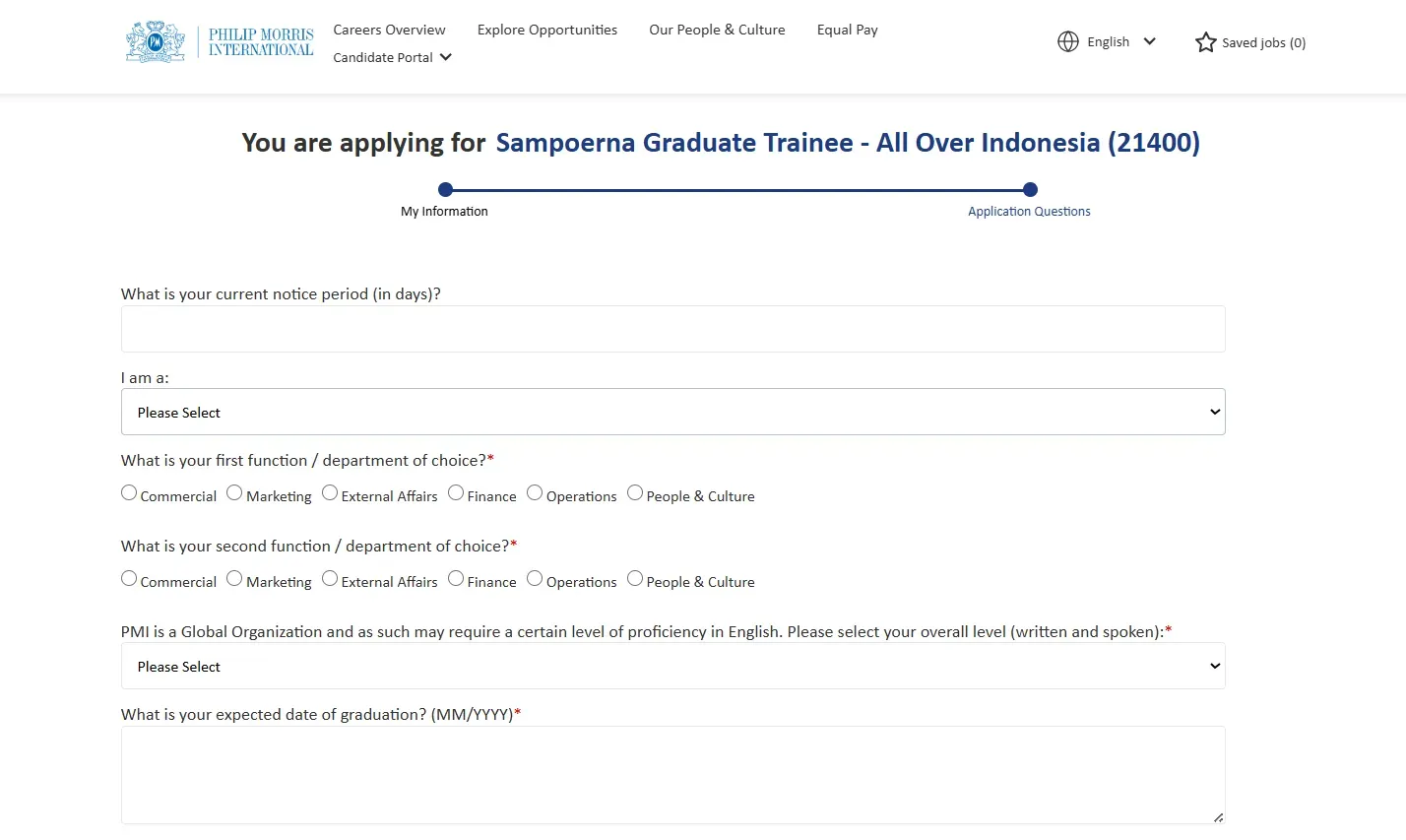 Tampilan Pertanyaan Lanjutan Sampoerna Graduate Trainee 2026  Sumber PMI Careers.webp
