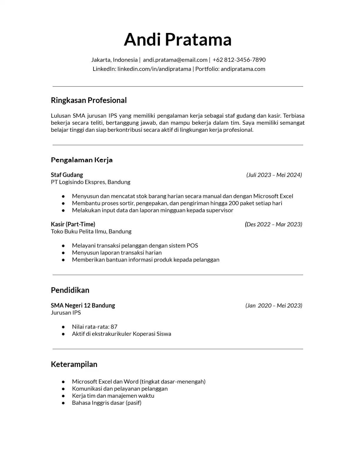 contoh cv lulusan sma